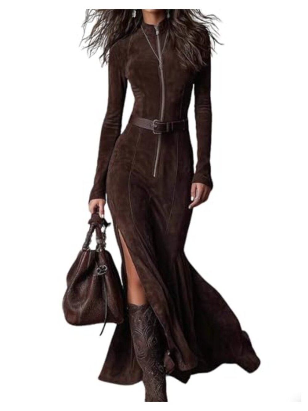 Suede Long Dress Long Sleeve Zip Up Bodycon Slim Fit Cowgirl with Belt